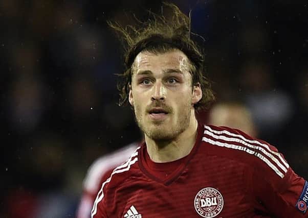 Denmark's defender Erik Sviatchenko eyes the ball during the friendly football match France vs Denmark, on March 29, 2015 at the Geoffroy-Guichard stadium in Saint-Etienne. AFP PHOTO / FRANCK FIFE        (Photo credit should read FRANCK FIFE/AFP/Getty Images)