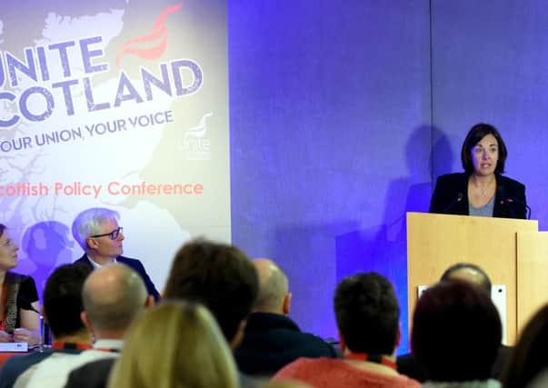 Unite Scottish Secretary Pat Rafferty looks on as Kezia Dugdale addresses delegates. Picture: Lisa Ferguson