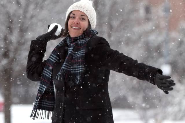 Scottish Labour leader Kezia Dugdale throws a snowball in the grounds of the Golden Jubilee Hotel. Picture: Lisa Ferguson
