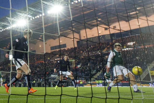 Jason Cummings equalises at the Falkirk Stadium. Picture: SNS