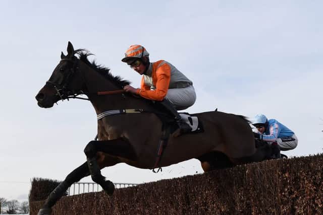 Jockey Charlie Deutsch and Goring Two jump the second last on their way to victory in the My Dashboard On The Timeform App Handicap Chase at Plumpton. Picture: Mike Hewitt/Getty Images