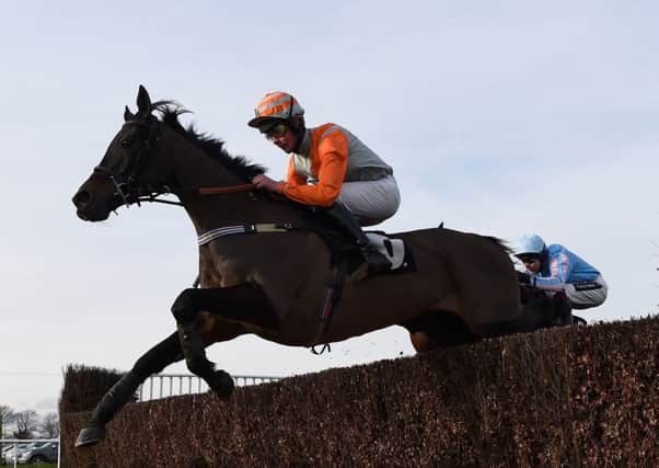 Jockey Charlie Deutsch and Goring Two jump the second last on their way to victory in the My Dashboard On The Timeform App Handicap Chase at Plumpton. Picture: Mike Hewitt/Getty Images