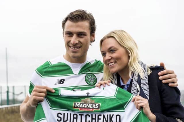 Erik Sviatchenko is unveiled at Celtics training ground alongside his fiancÃ©e Anne Rudmose. Picture: SNS