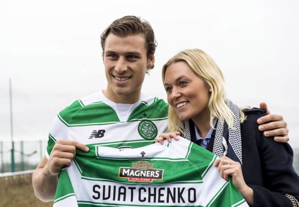 Erik Sviatchenko is unveiled at Celtics training ground alongside his fiancÃ©e Anne Rudmose. Picture: SNS
