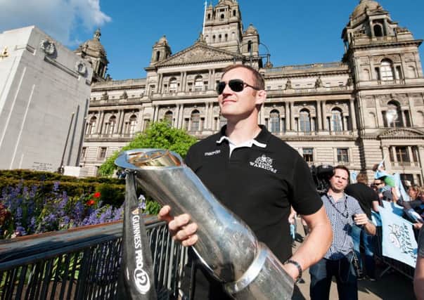 Al Kellock with the Guinness PRO12 trophy in Glasgow. Picture: John Devlin