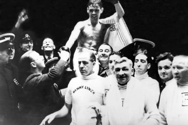 A triumphant Benny Lynch is carried off shoulder high after a fight at Shawfield Stadium, Glasgow, in 1937. The world flyweight champion boxer beat Englishman Peter Kane by knockout.