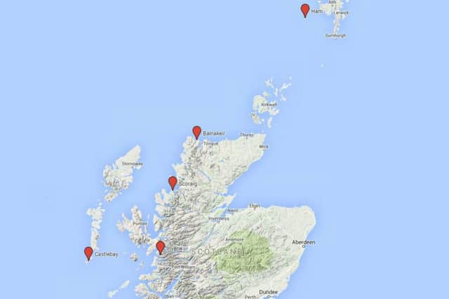 Scotland's remote villages are spread across the country. From left to right: Castlebay, Barra; Inverie, Scoraig, Balnakeil and Hametown & Ham Picture: Google Map