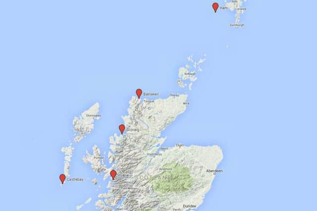 Scotland's remote villages are spread across the country. From left to right: Castlebay, Barra; Inverie, Scoraig, Balnakeil and Hametown & Ham  Picture: Google Map