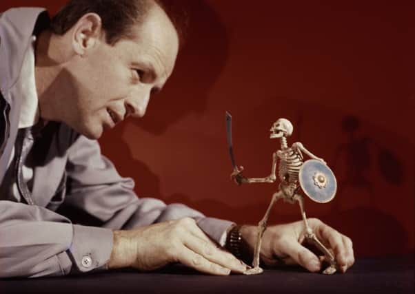 Ray Harryhausen with a skeleton model on the set of 1958s The 7th Voyage Of Sinbad