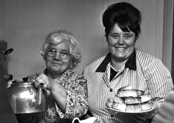 Tea ladies Isa and Julie prepare to serve fans at Tynecastle Stadium in Edinburgh in 1977