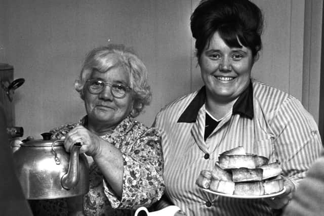 Tea ladies Isa and Julie prepare to serve fans at Tynecastle Stadium in Edinburgh in 1977