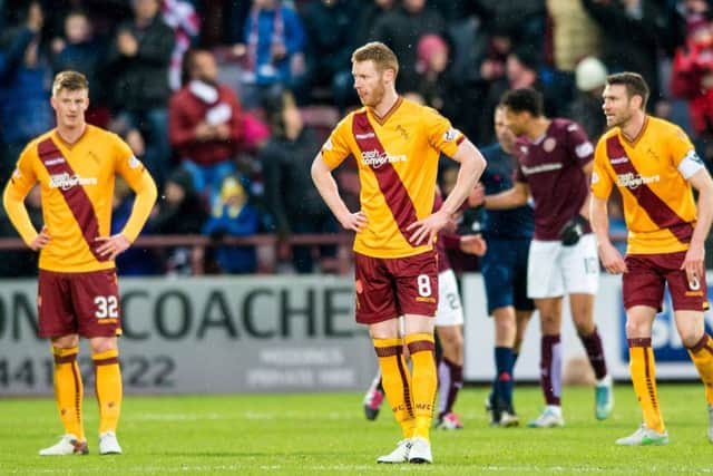 The Motherwell players cut a dejected figure at full-time. Picture: SNS