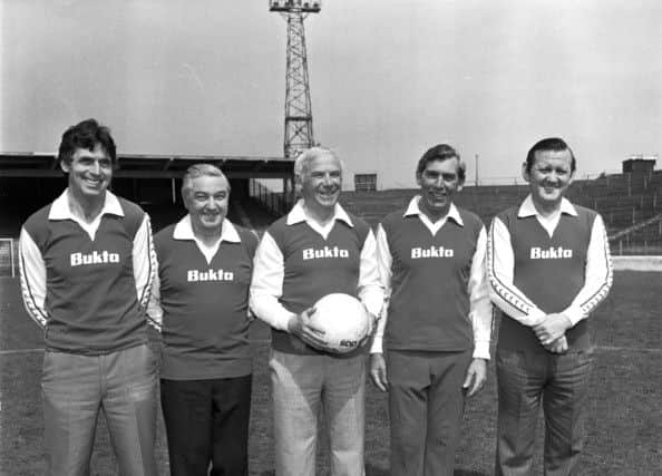 The Hibs Famous Five meet up at Easter Road in May 1979. L-r: Gordon Smith, Bobby Johnstone, Lawrie Reilly, Eddie Turnbull, Willie Ormond.