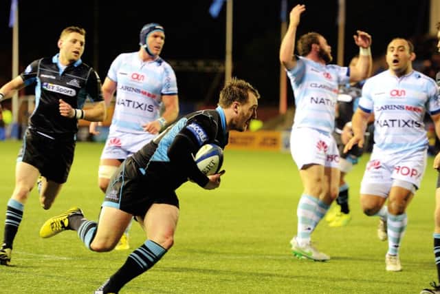Glasgow Warriors' Stuart Hogg goes over for the try. Picture: Gary Hutchison/SNS/SRU
