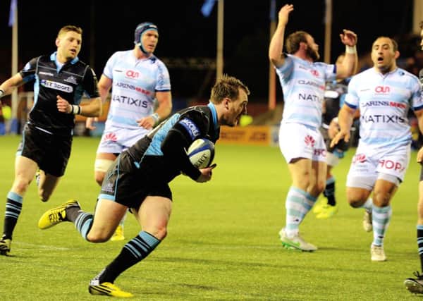 Glasgow Warriors' Stuart Hogg goes over for the try. Picture: Gary Hutchison/SNS/SRU