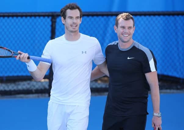 Andy Murray with GB Davis Cup captain Leon Smith during practice before facing Bernard Tomic. Picture: Getty
