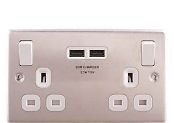 LAP 13A 2-Gang SP Switched Socket & USB Charger Brushed Steel. Picture: screwfix.com