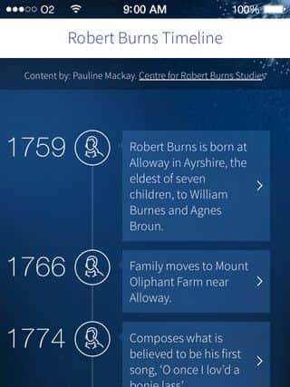 The Robert Burns App also features a handy timeline detailing the bard's life. Image: Apple App Store