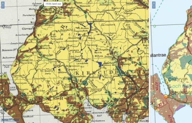 Galloway, like much of Scotland, has seen a big rise in woodland (green areas) between 1930s and 2015. Picture: NLS/HES