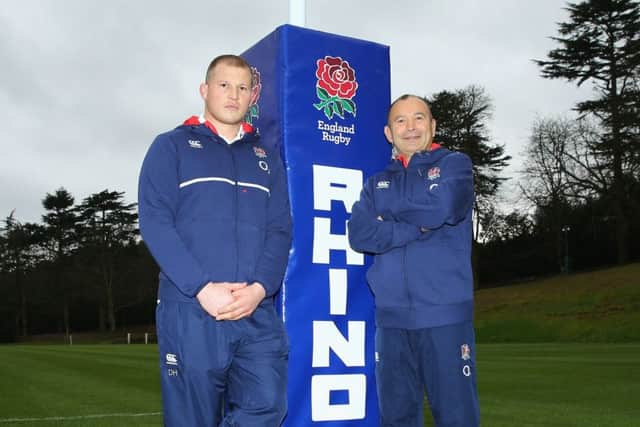 Newly appointed England Rugby Union captain Dylan Hartley with head coach Eddie Jones. Picture: Richard Heathcote/Getty Images
