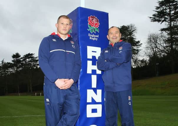 Newly appointed England Rugby Union captain Dylan Hartley with head coach Eddie Jones. Picture: Richard Heathcote/Getty Images