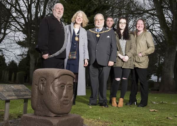 Adam Christie commemorative sculpture was unveiled at Sleepyhillock Cemetery, Montrose.  Pictured left to right are Dave Ramsay, Deputy Provost of Aberdeenshire Council Allison Grant, Deputy Provost of Angus Council Alex King, sculptor Brian Wyllie, and Shetland relatives Megan and Laura Christie.  Picture: Andy Thompson Photography