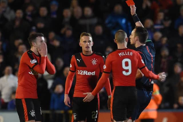 Rangers' Andy Halliday (left) is shown a red card against Morton. Picture: Craig Foy/SNS