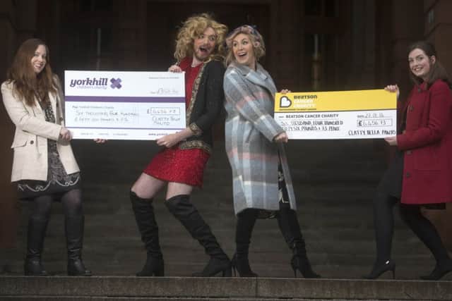 Actors Monica Nesbit, and Damian Mullen, with Amy Dreszler from Beatson and Aileen McConnell from Yorkhill collect there cheques.