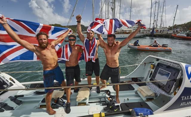 From left, Angus Collins. 26, Joe Barnett, 25, Jack Mayhew, 26, and Gus Barton, 25, arrive at English Harbour in Antigua after beating 25 teams from across the world to win the world's toughest row, the Talisker Whisky Atlantic Challenge. Picture: PA
