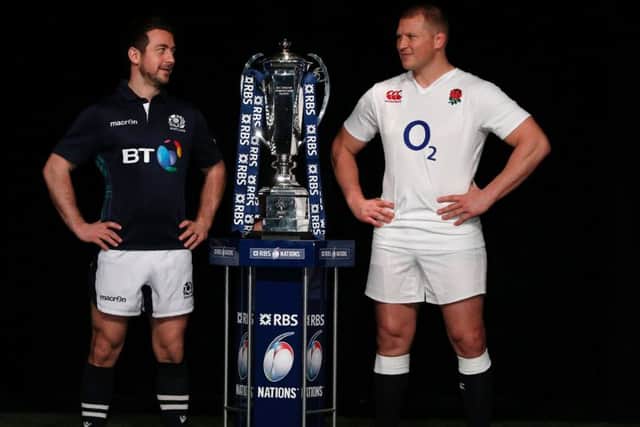 Scotland skipper Greg Laidlaw faces up to new England captain Dylan Hartley at the Six Nations launch. Picture: Adrian Dennis/AFP/Getty Images