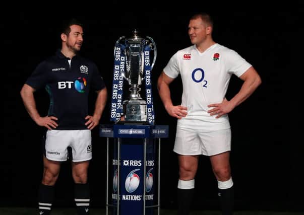 Scotland skipper Greg Laidlaw faces up to new England captain Dylan Hartley at the Six Nations launch.  Picture: Adrian Dennis/AFP/Getty Images