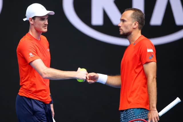 Bruno Soares and Jamie Murray celebrate a point in their doubles semi finals match. Picture: Getty Images