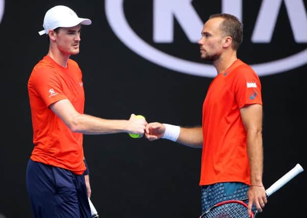 Bruno Soares and Jamie Murray celebrate a point in their doubles semi finals match. Picture: Getty Images