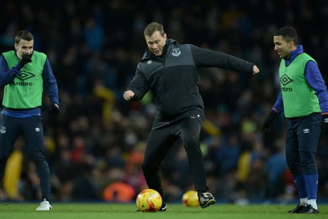 Duncan Ferguson, pictured in midweek at Manchester Citys Etihad Stadium in his role as Everton first-team coach, was declared bankrupt at the High Court in London. Picture: AFP/Getty