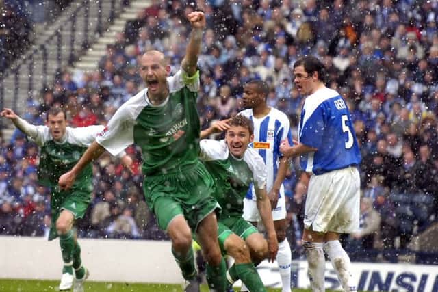 Rob Jones celebrates his League Cup final goal for Hibs. Picture: Kenny Smith