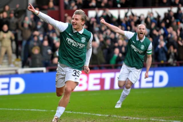 Hibs Jason Cummings celebrates scoring from a penalty. Picture by JANE BARLOW
© Jane Barlow 2016