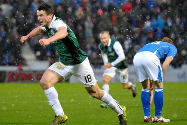 Hibs' John McGinn celebrating his goal. Picture by JANE BARLOWÂ© Jane Barlow 2016