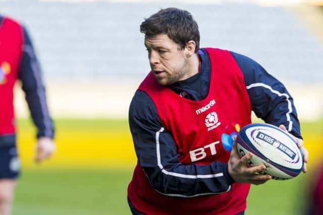 Alasdair Dickinson prepares to pass in training. The prop was in the last Scotland team to beat England at Murrayfield in 2008.. Picture: SNS