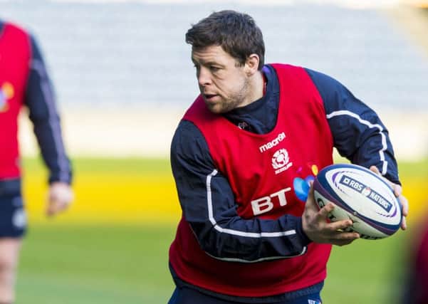 Alasdair Dickinson prepares to pass in training. The prop was in the last Scotland team to beat England at Murrayfield in 2008.. Picture: SNS