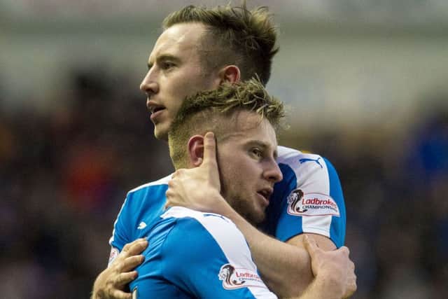 Substitute Billy King is congratulated by Danny Wilson after scoring Rangers late winning goal. Picture: SNS