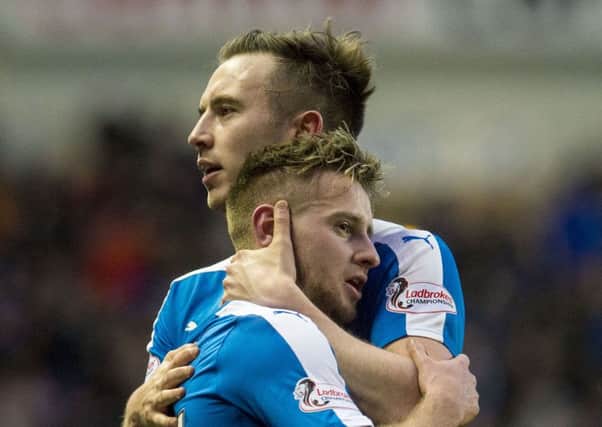 Substitute Billy King is congratulated by Danny Wilson after scoring Rangers late winning goal. Picture: SNS
