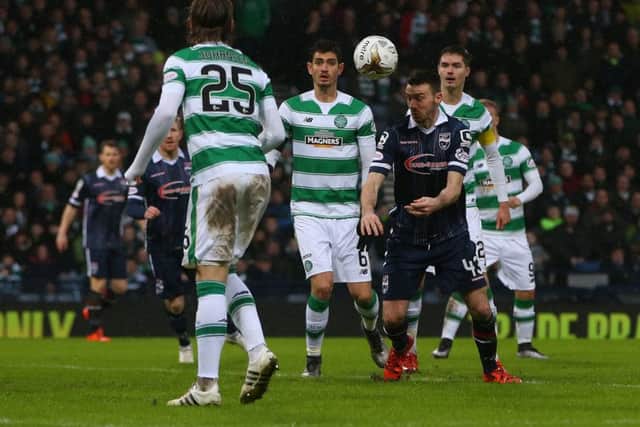 Paul Quinns header puts County 2-1 up, a scoreline few would have imagined after Gary Mackay-Steven gave Celtic an early lead. Picture: Getty Images
