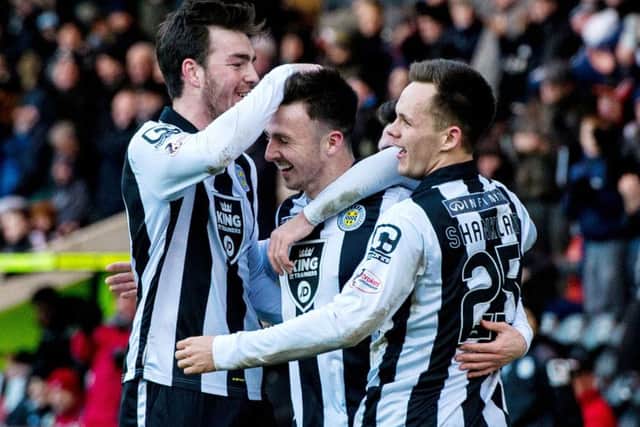 St Mirren's Calum Gallagher, centre, celebrates his goal with his team-mates. Picture: SNS