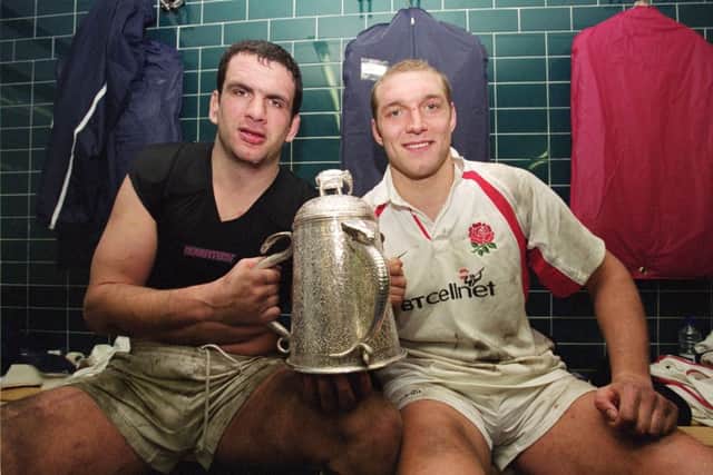 Martin Johnson and a young Ben Kay celebrate with the Calcutta Cup at Murrayfield in 2002  a picture the latter has framed at home. Picture: Dave Rogers /Allsport