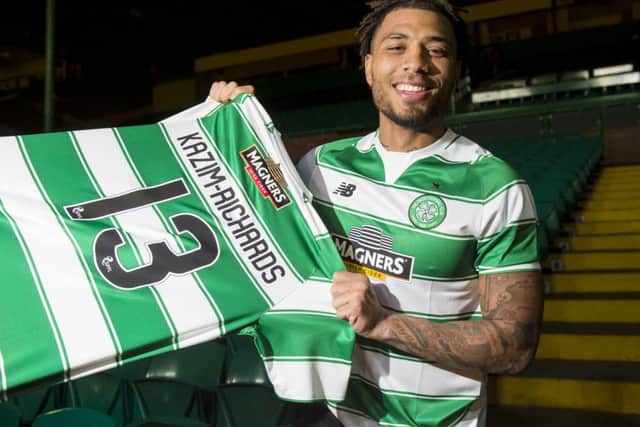 Colin Kazim-Richards is unveiled at Celtic Park. Picture: SNS