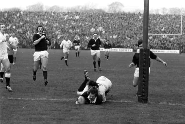 Scotland's Alan Lawson scores his famous try against England in the 1976 Calcutta Cup match. Later he added a second try.