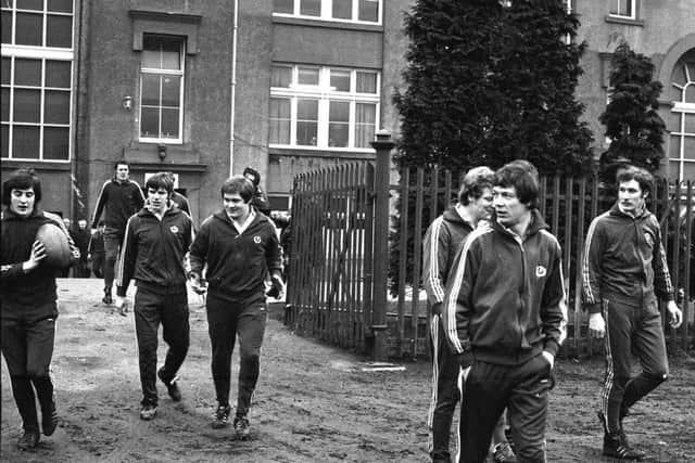 Scotland players Andy Irvine, Alastair McHarg, Billy Steele, Bruce Hay, Duncan Madsen, Dave Shedden and Bill Watson head out to training at Murrayfield.