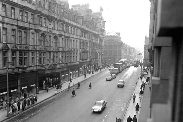 A view of the exterior of Patrick Thomson's on the North Bridge in Edinburgh, taken in April 1965