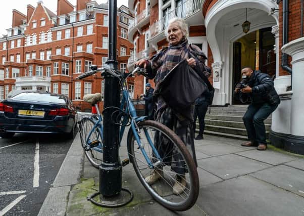 Designer Vivienne Westwood visits her friend Assange at the Ecuadorian embassy yesterday. Picture: AFP/Getty Images