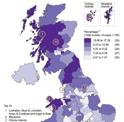 This map from ONS shows Scotland's west coast and parts of the Highlands have the higest proportion of people working in tourism in the UK. Picture: ONS